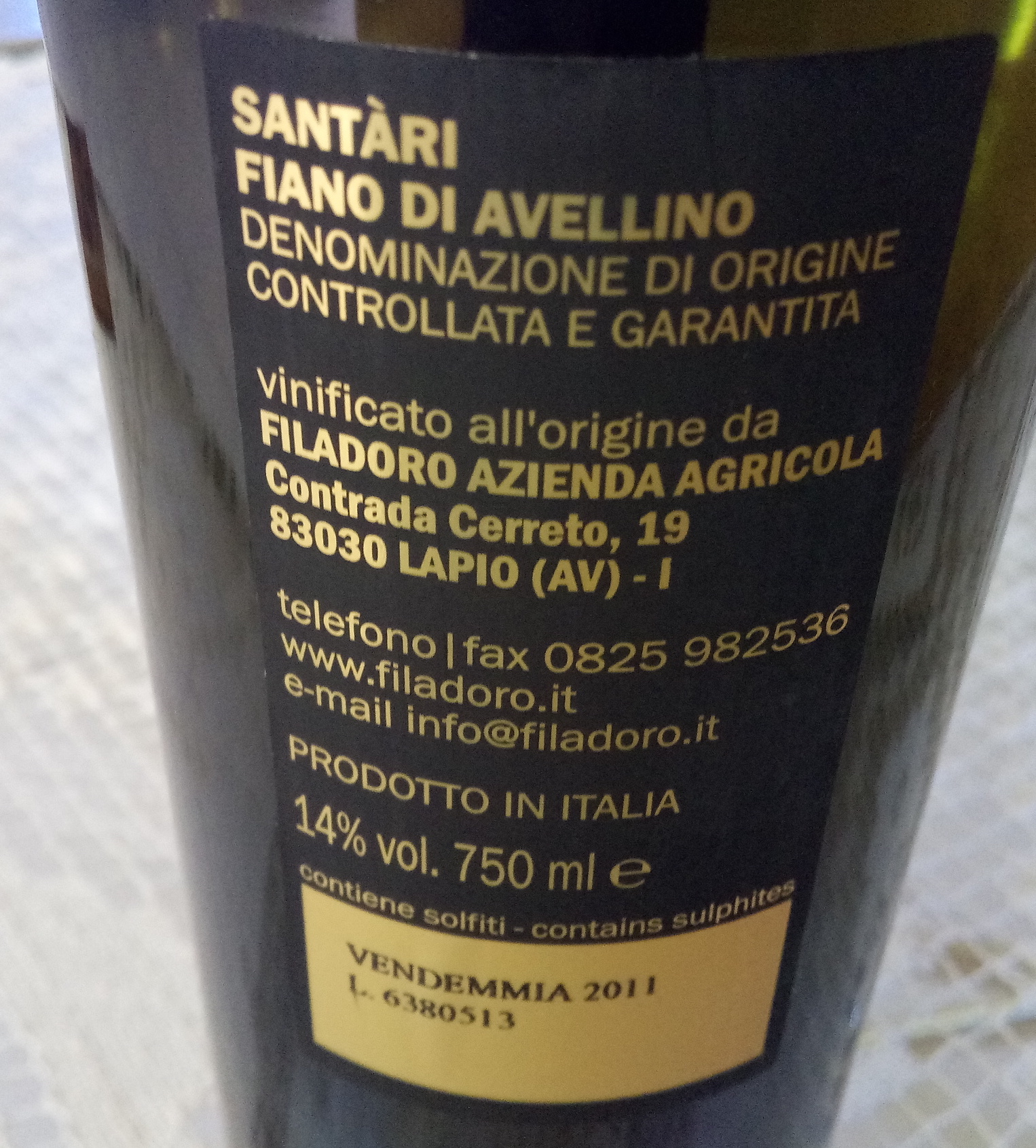 Controetichetta Santari Fiano di Avellino Dpcg 2011 Vincitore a Radici del Sud 2017