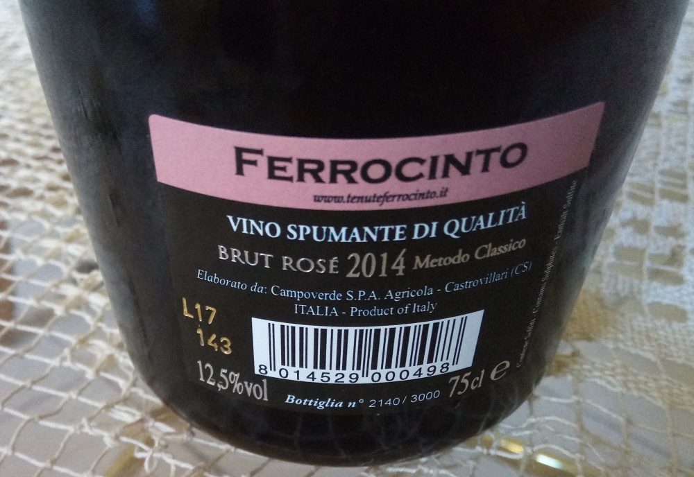 Controetichetta Spumante Rose' Brut 2014 Ferrocinmto Vincitore a Radici del Sud 2017