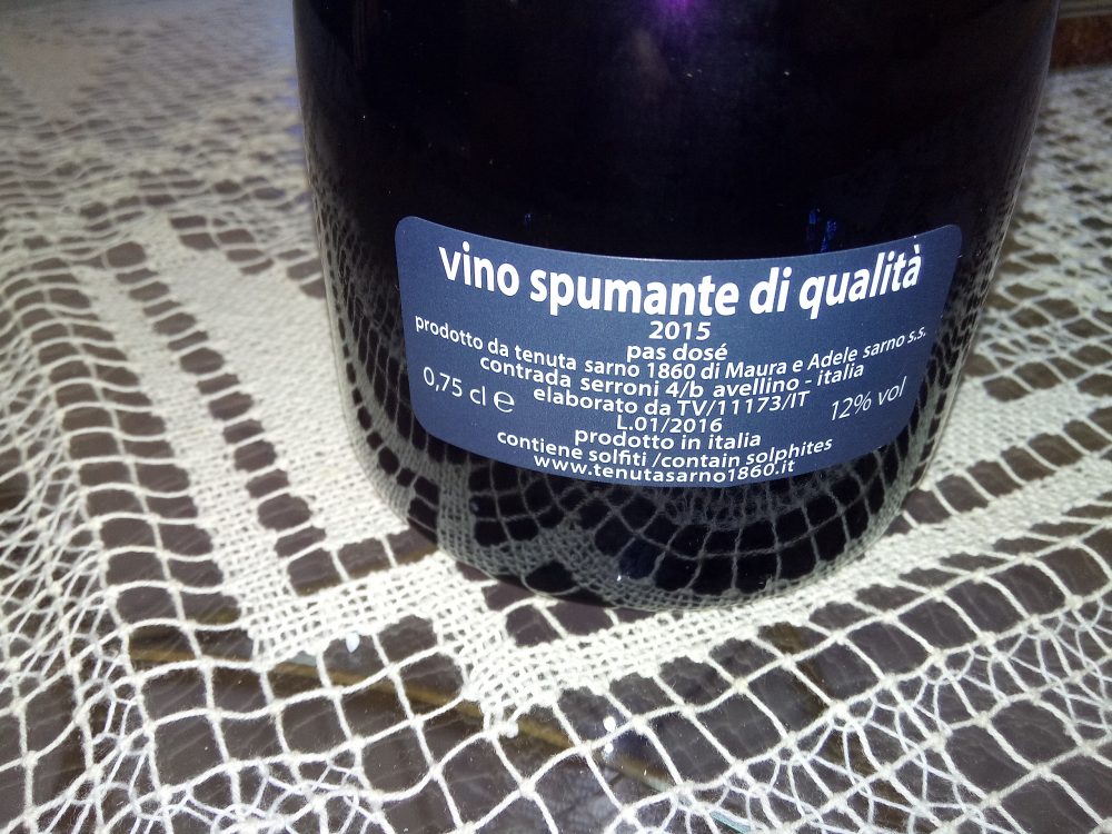 Controetichetta Spumante bianco Pas dose' 2015 Sarno 1960 secondo classificato a Radici del Sud 2017