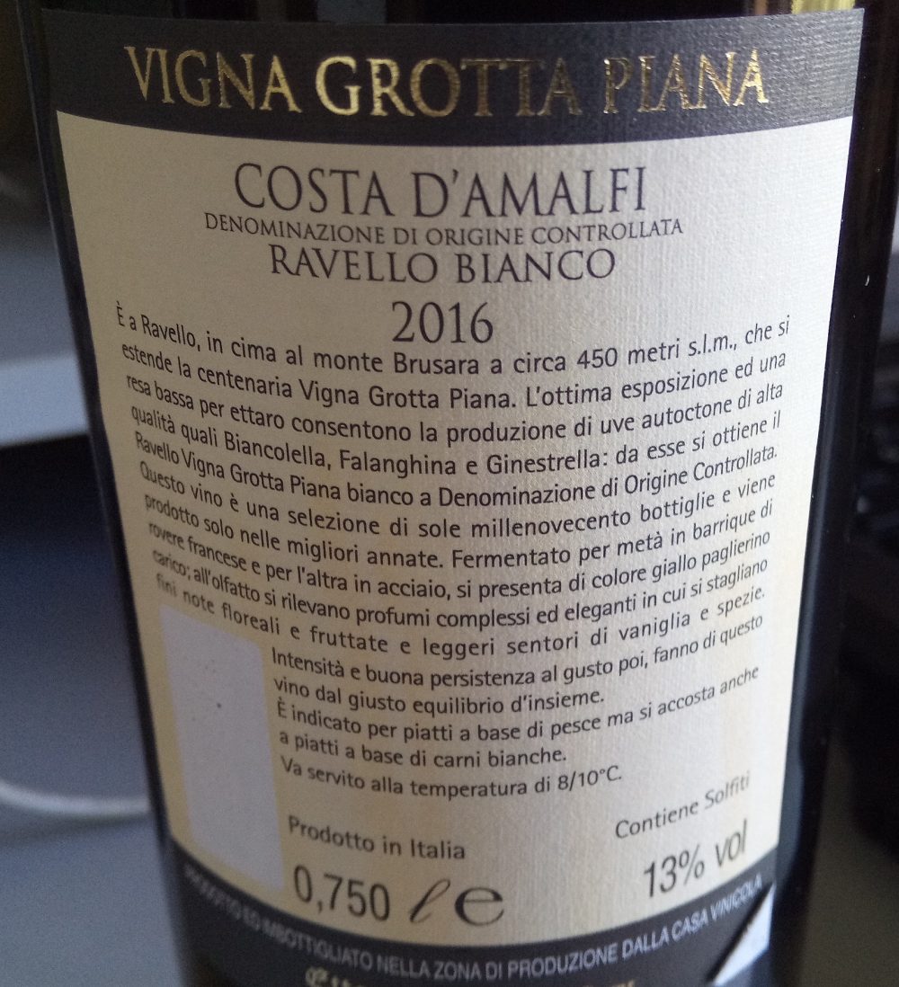 Controetichetta Vigna Grotta Piana Costa d'Amalfi Ravello Bianco Doc 2016 Sammarco