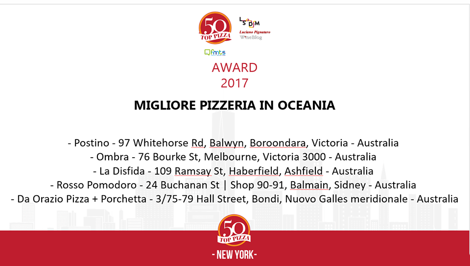 La migliore pizzeria in Oceania e le 5 candidature