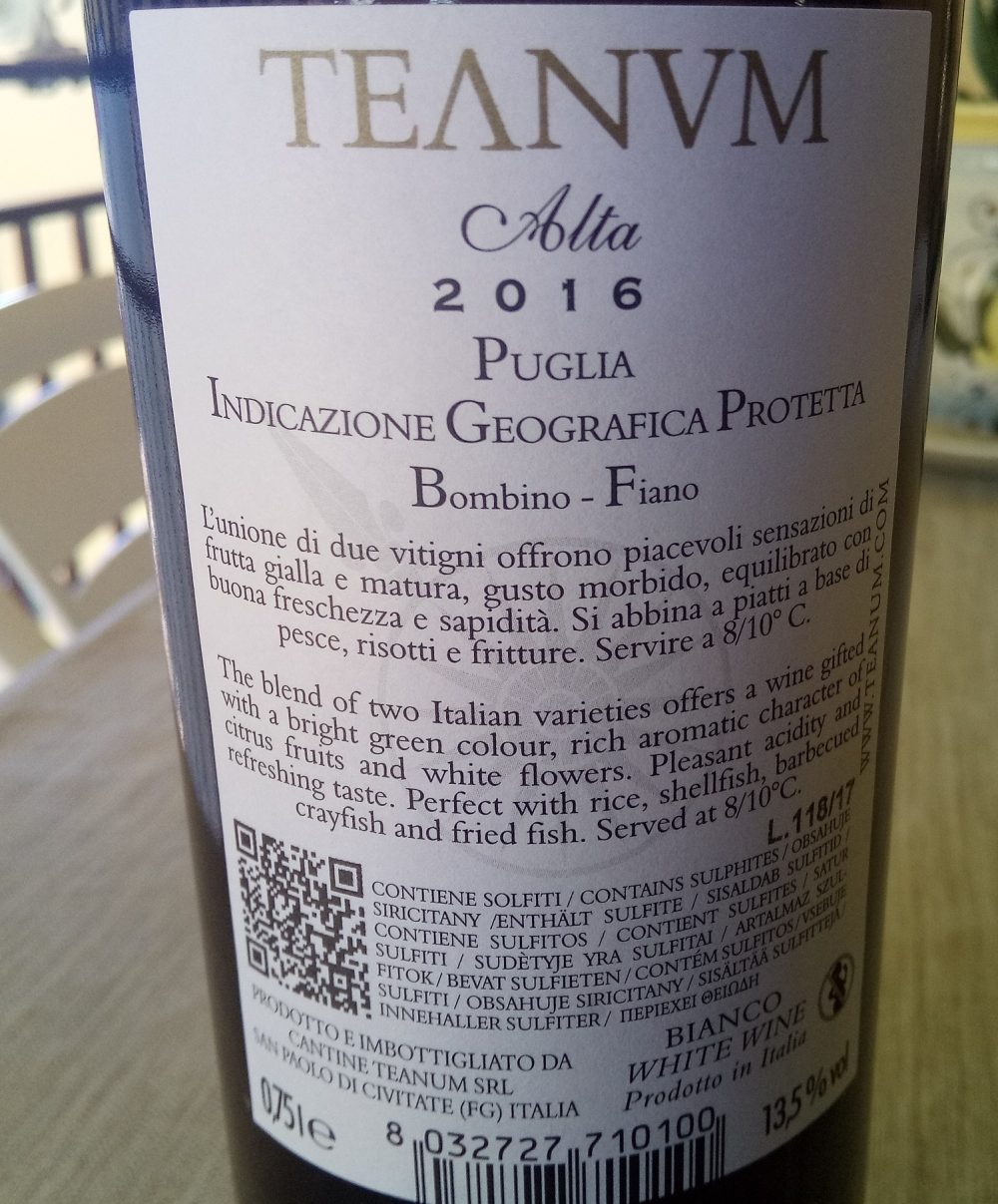 Controetichetta Alta Bombino Fiano Pugluia Igp 2016 Teanum