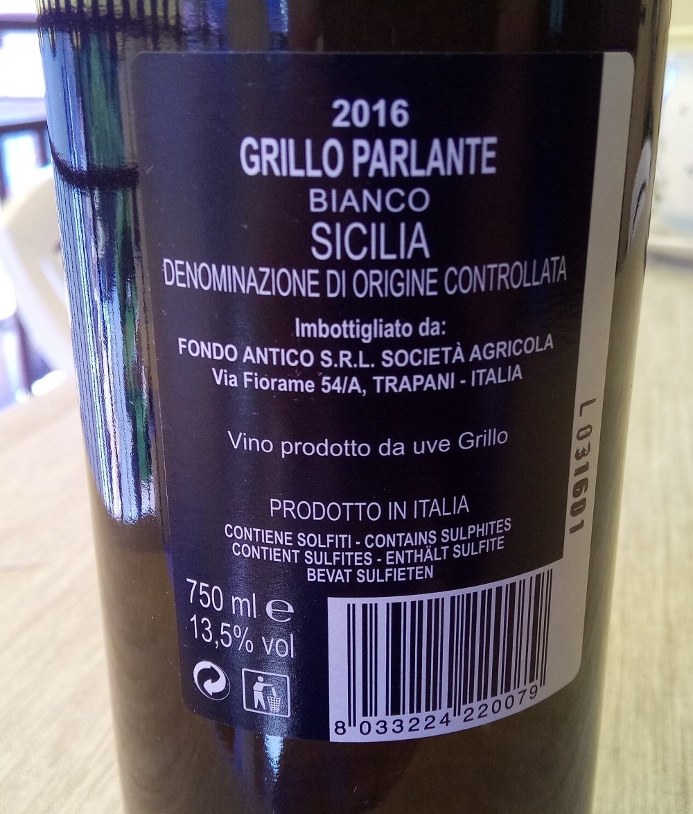 Controetichetta Grillo Parlante Bianco Sicilia Doc 2016 Fondo Antico