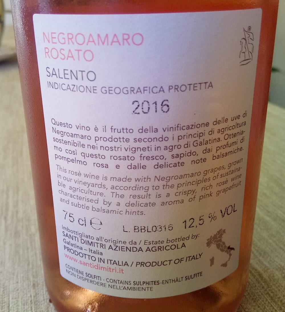 Controetichetta Negroamaro Rosato Salento Igp 2016 Santi Dimitri