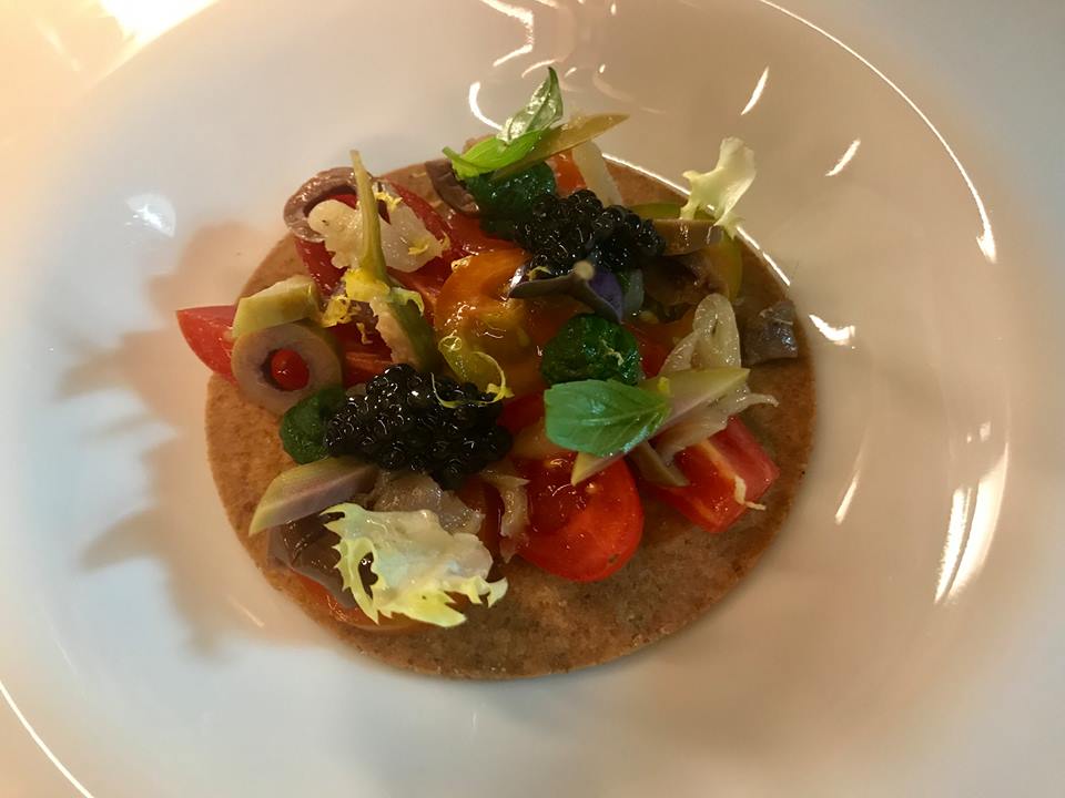 Caracol, caponata a modo mio con caviale mujol, cicerchia