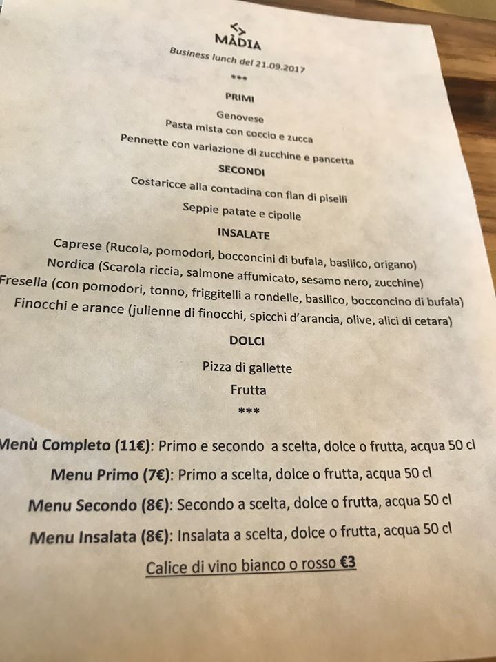 Madia, il menu'