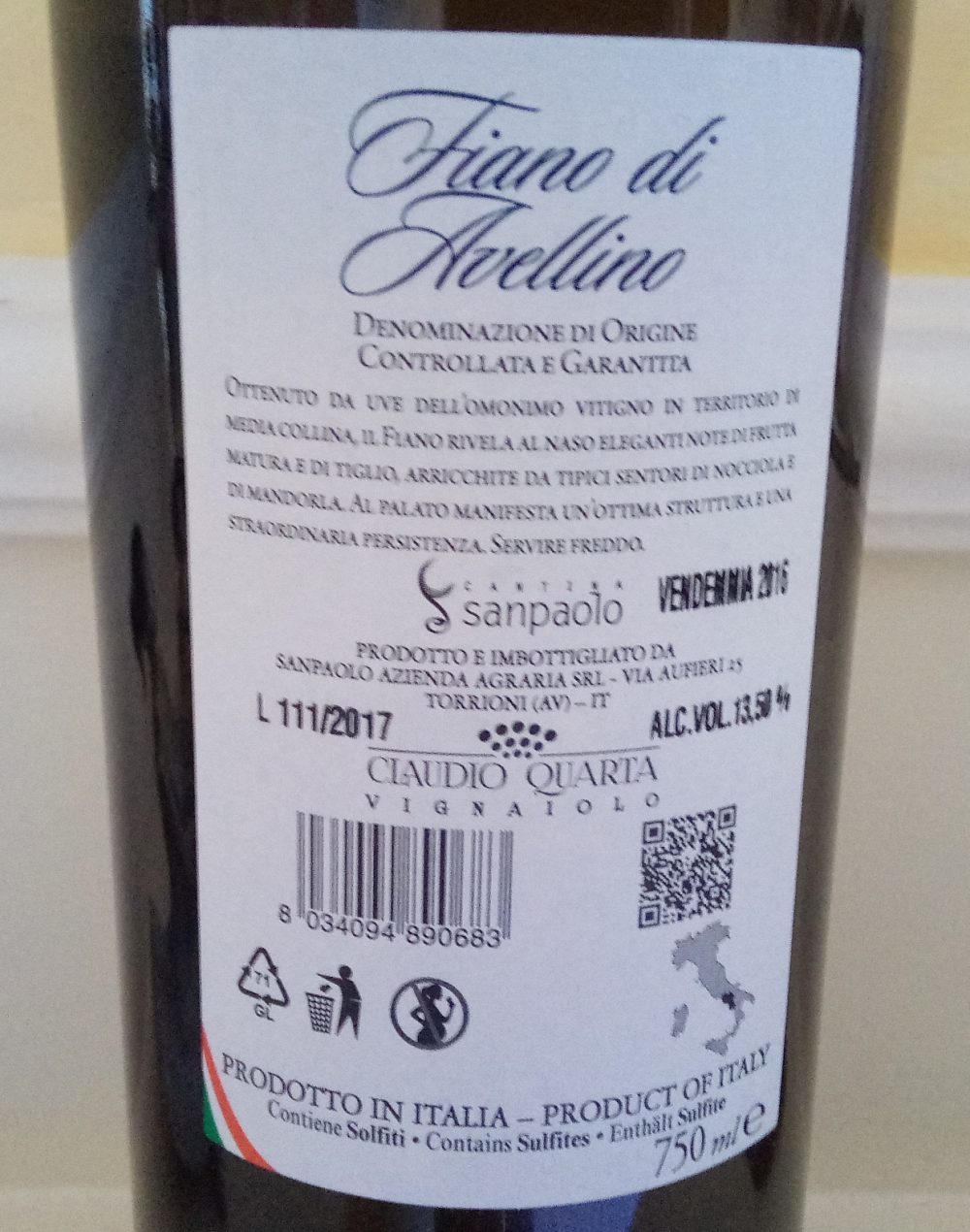 Controetichetta Fiano di Avellino Docg 2016 Sanpaolo