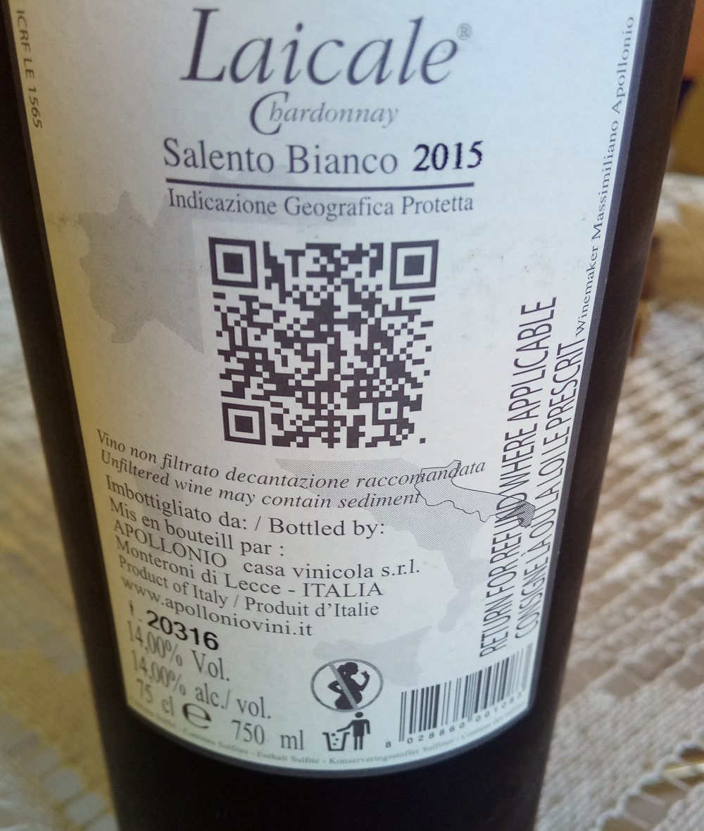Controetichetta Laicale Chardonnay Salento Bianco Igp 2015 Apollonio
