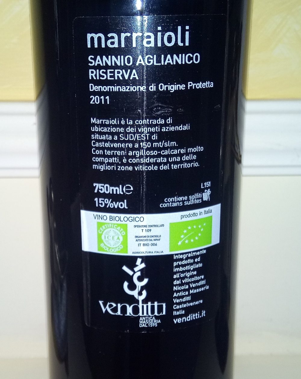 Controetichetta Marraioli Sannio Aglianico Risrrva Dop 2011 Venditti