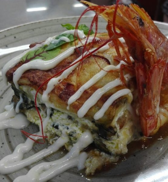 Lasagna di scialatielli Gamberi, zucchine, pancetta mozzarella e limone Luciano Pignataro Wine