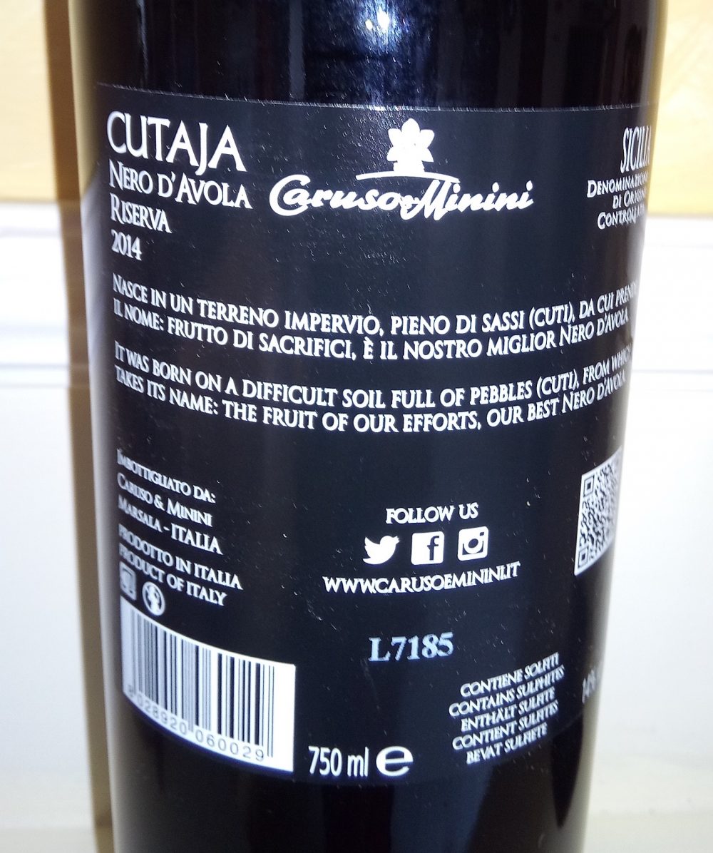 Retroetichetta Cutaja Nero d'Avola Riserva Sicilia Doc 2014 Caruso e Minini