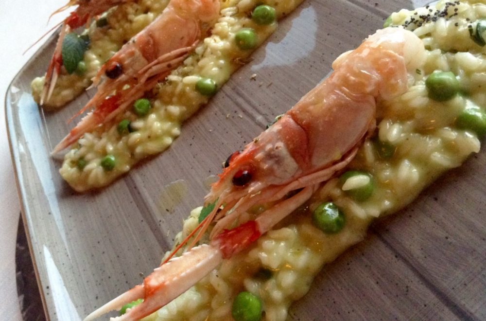 Al Vigneto, risotto ai piselli, scampi, sughetto di crostacei