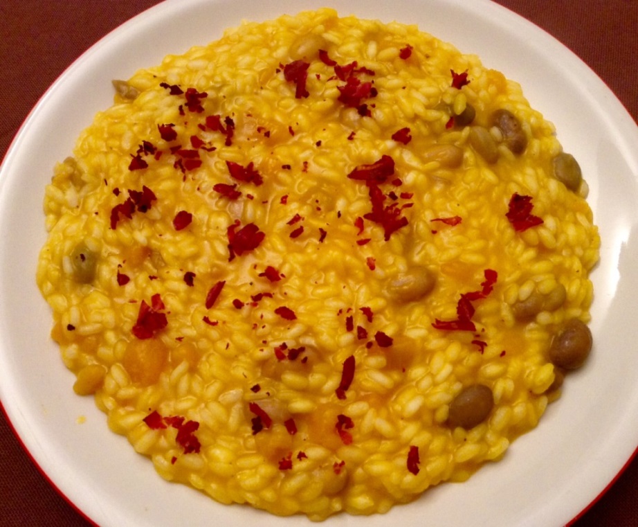 Casa privata brianzola, risotto con polpa di zucca, borlotti e bresaola croccante