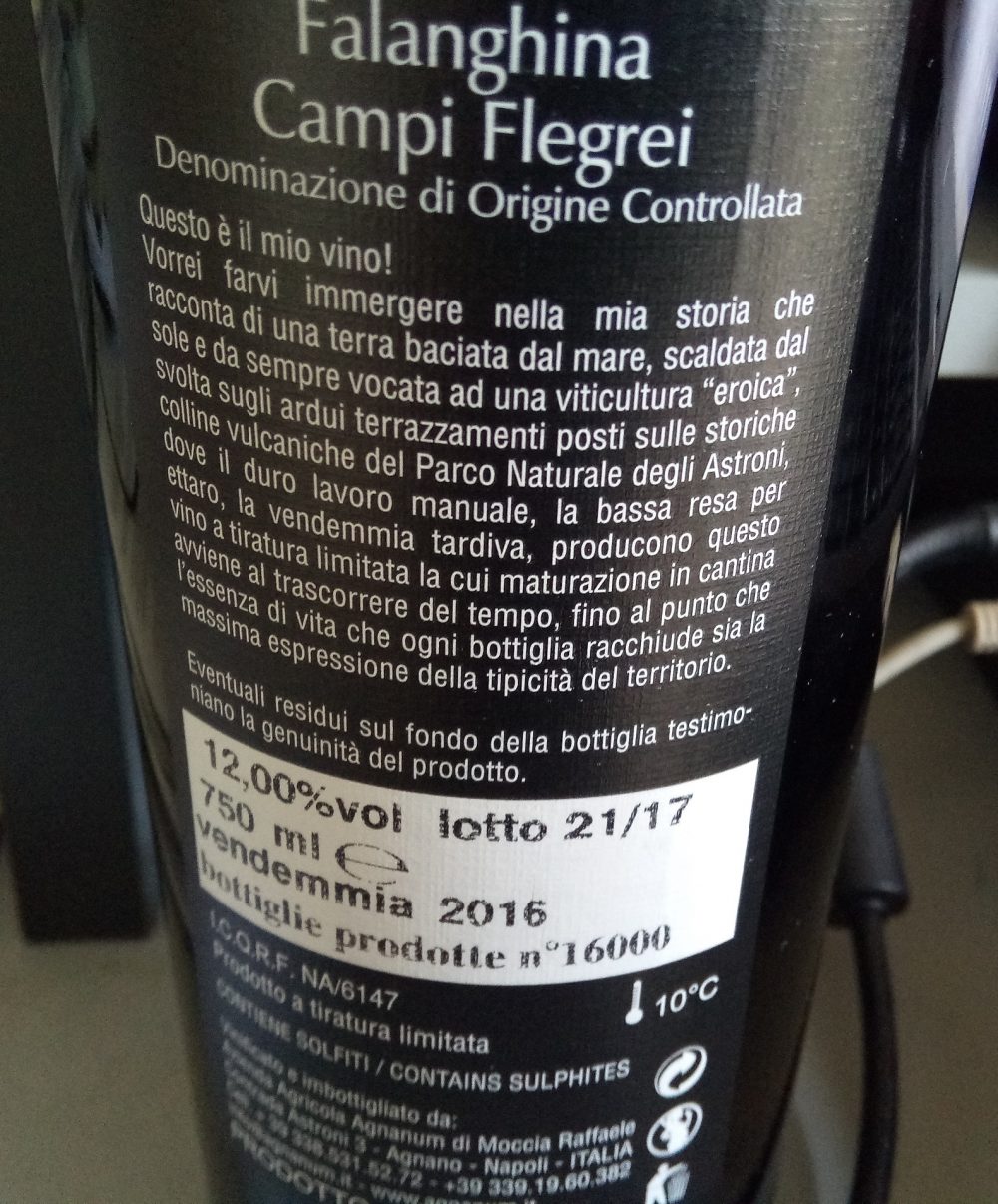 Controetichetta Falanghina Campi Flegrei Doc 2016 Agnanum