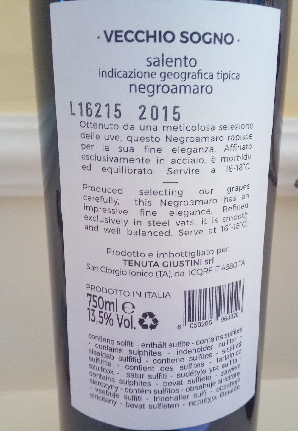 Controetrichetta Vecchio Sogno Negroamaro Salento Igt 2015 Tenuta Giustini