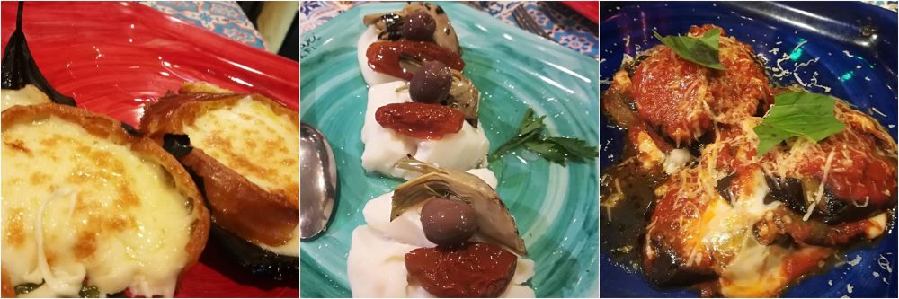 Trattoria Dei Cartari- Gli antipasti, la provola in foglie di limone, il baccala' e la parmigiana di melanzane