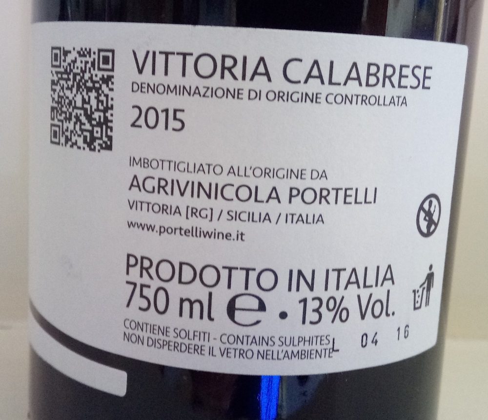 Controetichetta Nero D'Avola Vittoria Calabrese Doc 2015 Portelli