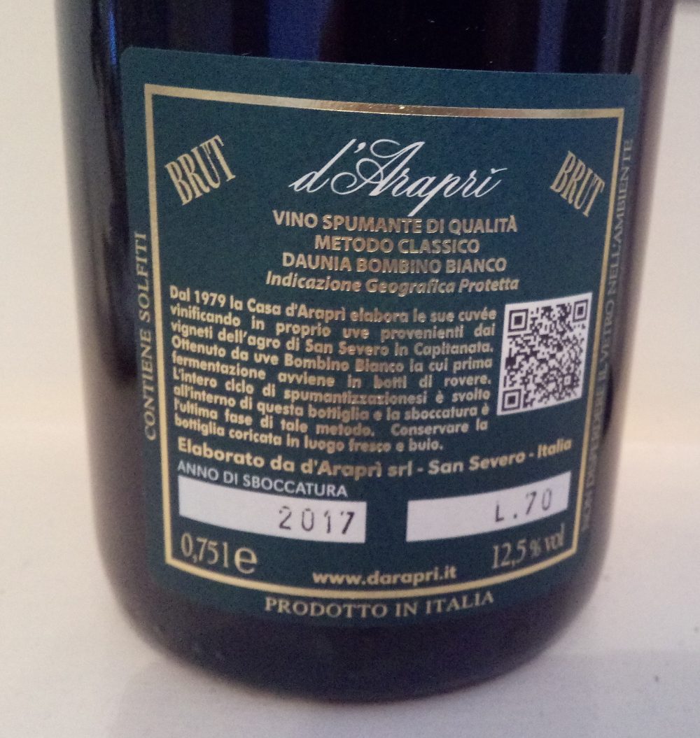 Controetichetta Spumante Brut Classico Riserva Nobile 2013 D'Arapri'