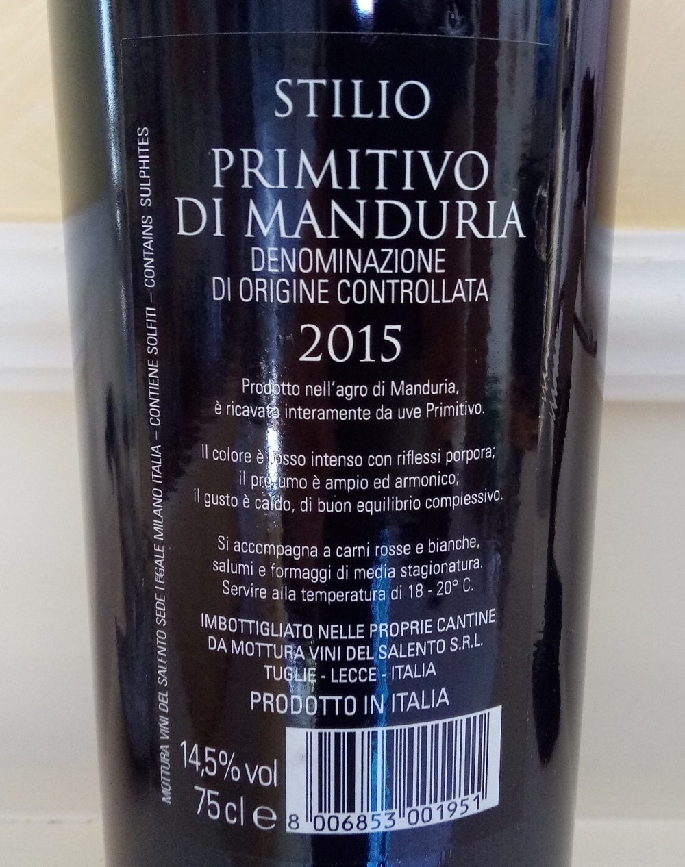 Controetichetta Stilio Primitivo di Manduria Doc 2015 Villa Mottura