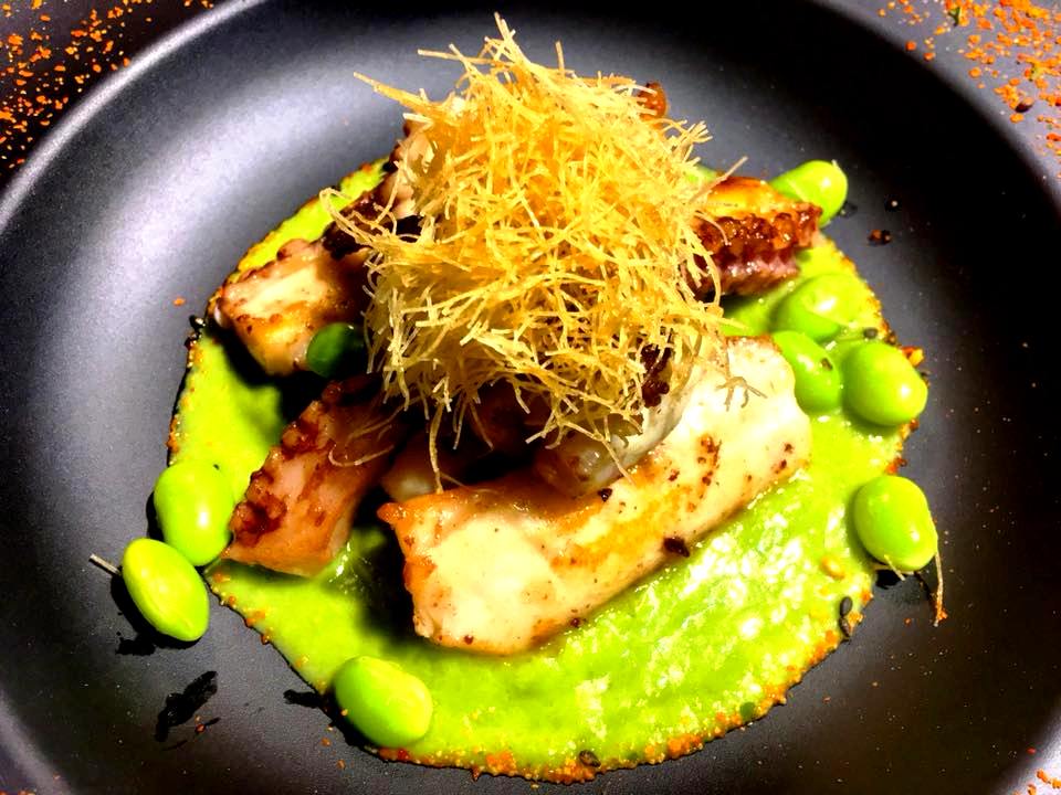 Giappo, Polpo scottato, Crema di Asparagi, Edamame & Pasta Kataifi