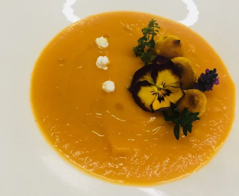 Vellutata di carote al timo con bigne’ di curcuma e yogurt greco