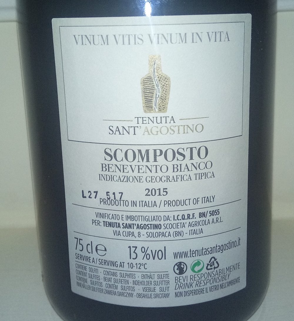 Controetichetta Scomposto Benevento Bianco Igt 2015 Tenuta Sant'Agostino