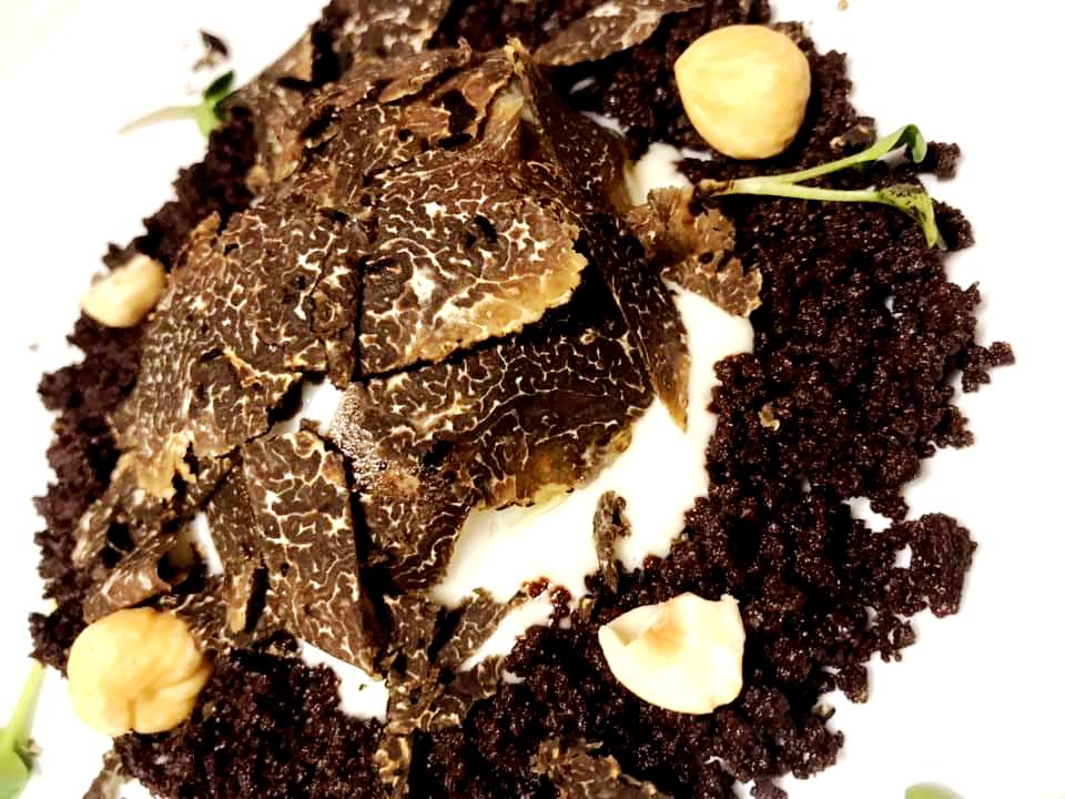 Renzo e Lucia - Uovo 65, Nocciole, fondue di Provola Affumicata, Tartufo Nero e terra al Cioccolato salato