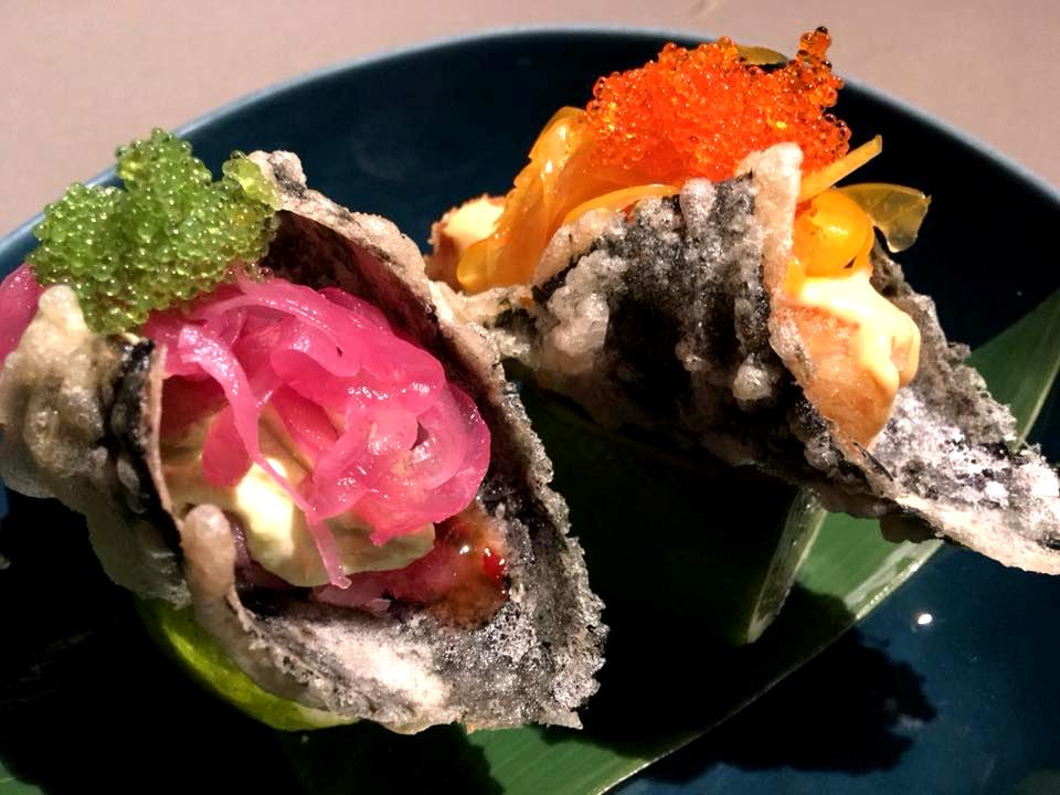 HBToo, I Tacos. Tempura di Alga Nori, Tonno, Salmone in Tempura, Tobiko e Verdure Marinate