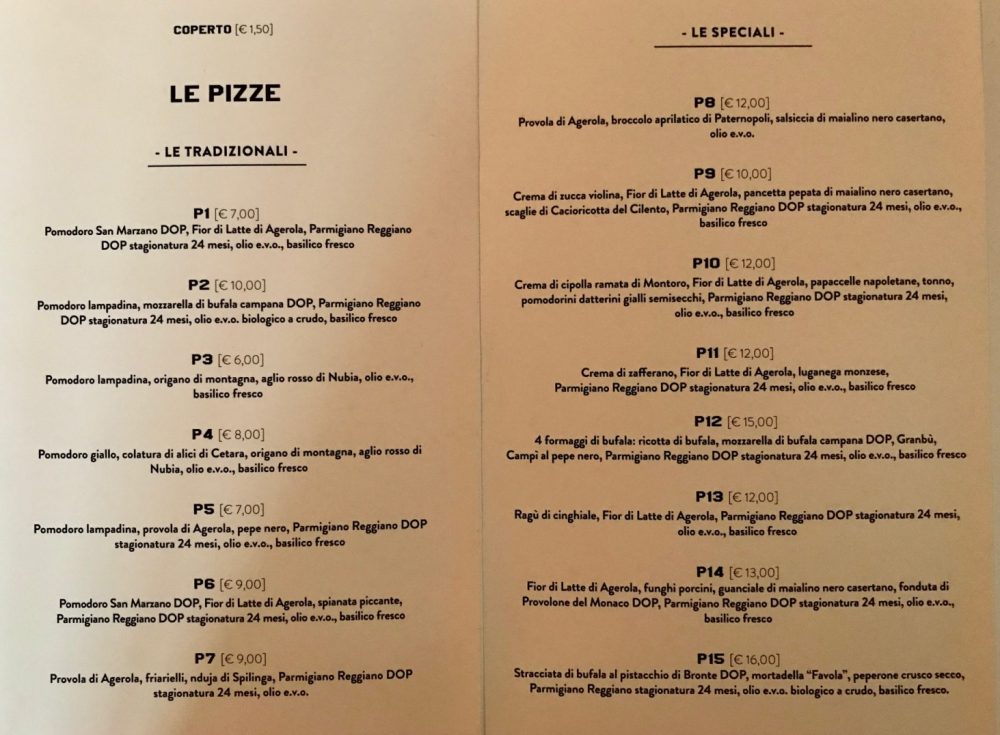 Pizzerai P, il menu' con le descrizioni delle 15 pizze