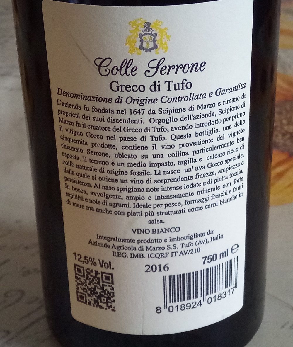 Controetichetta Colle Serrone Greco di Tufo Docg 2016 Cantine Di Marzo