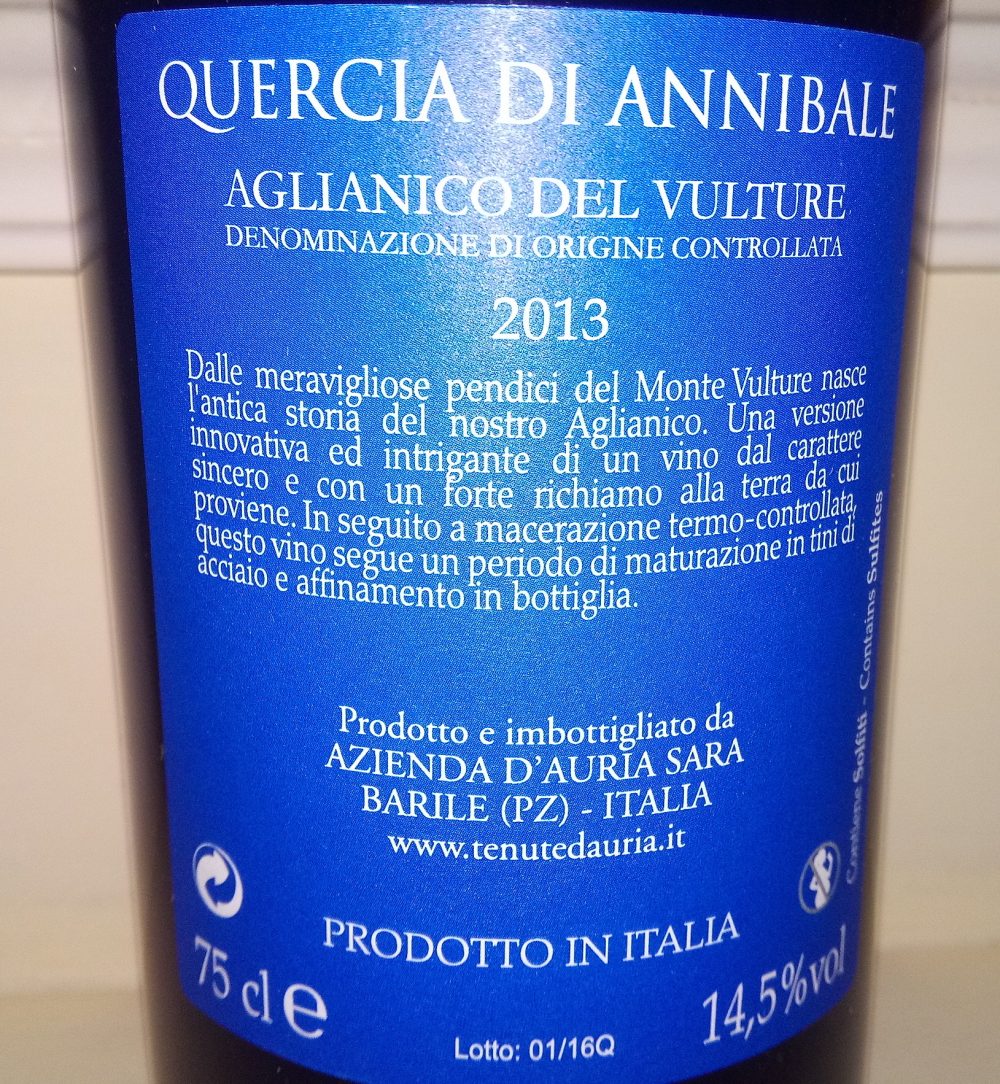 Controetichetta Quercia di Annibale Aglianico del Vulture Doc 2013 D'Auria