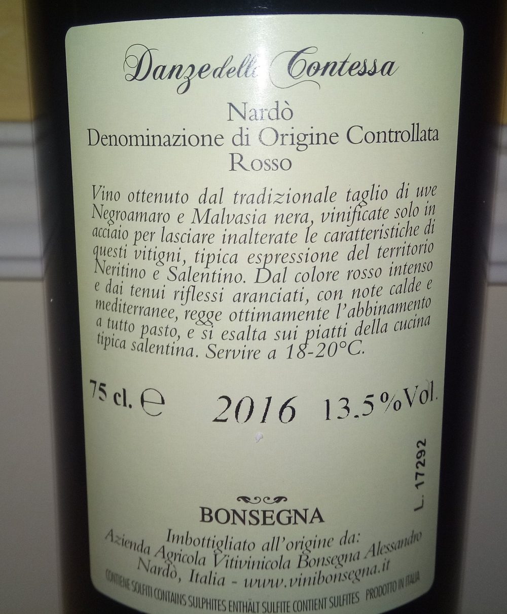 Controetichetta Danze della Contessa Nardo' Rosso Doc 2016 BonsegnaControetichetta Danze della Contessa Nardo' Rosso Doc 2016 Bonsegna