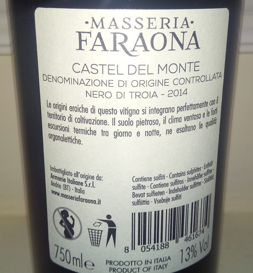 Controetichetta Nero di Troia Castel del Monte Doc 2014 Masseria Faraona