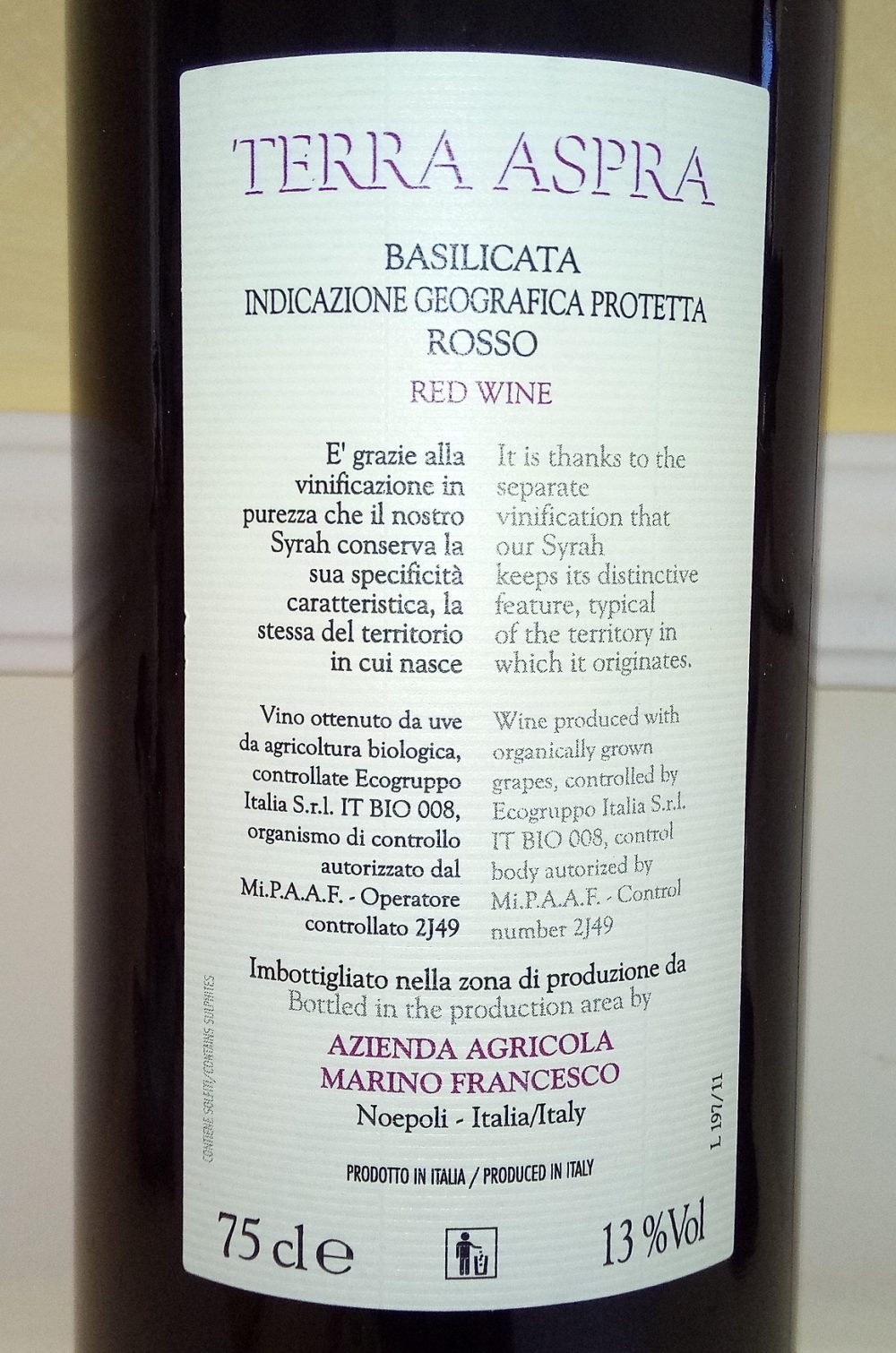 Controetichetta Terra Aspra Rosso Basilicata Igp 2009 Marino