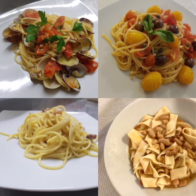 O' Masto, Spaghetti con le vongole, Spaghetti alla puttanesca, Spaghetti alla carbonara. Pettole e fagioli