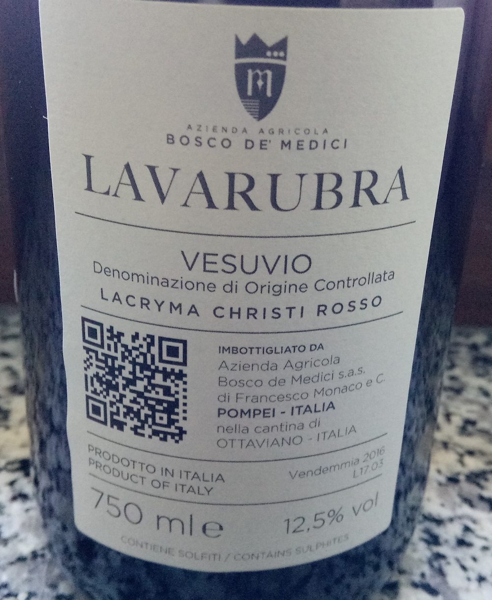 Controetichetta Lavarubra Lacryma Christi Rosso Vesuvio Doc 2016 Bosco de' Medici