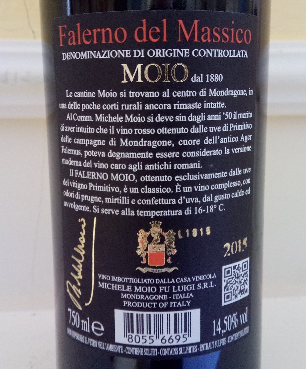 Controetichetta Falerno del Massico Primitivo Doc 2015 Michele Moio