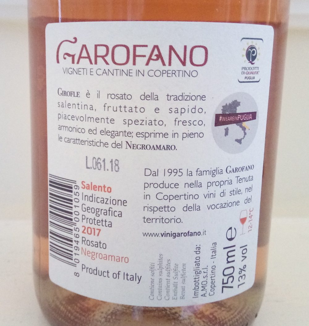 Controetichetta Girofle Negroamaro Rose' Salento Igp 2017 Garofano