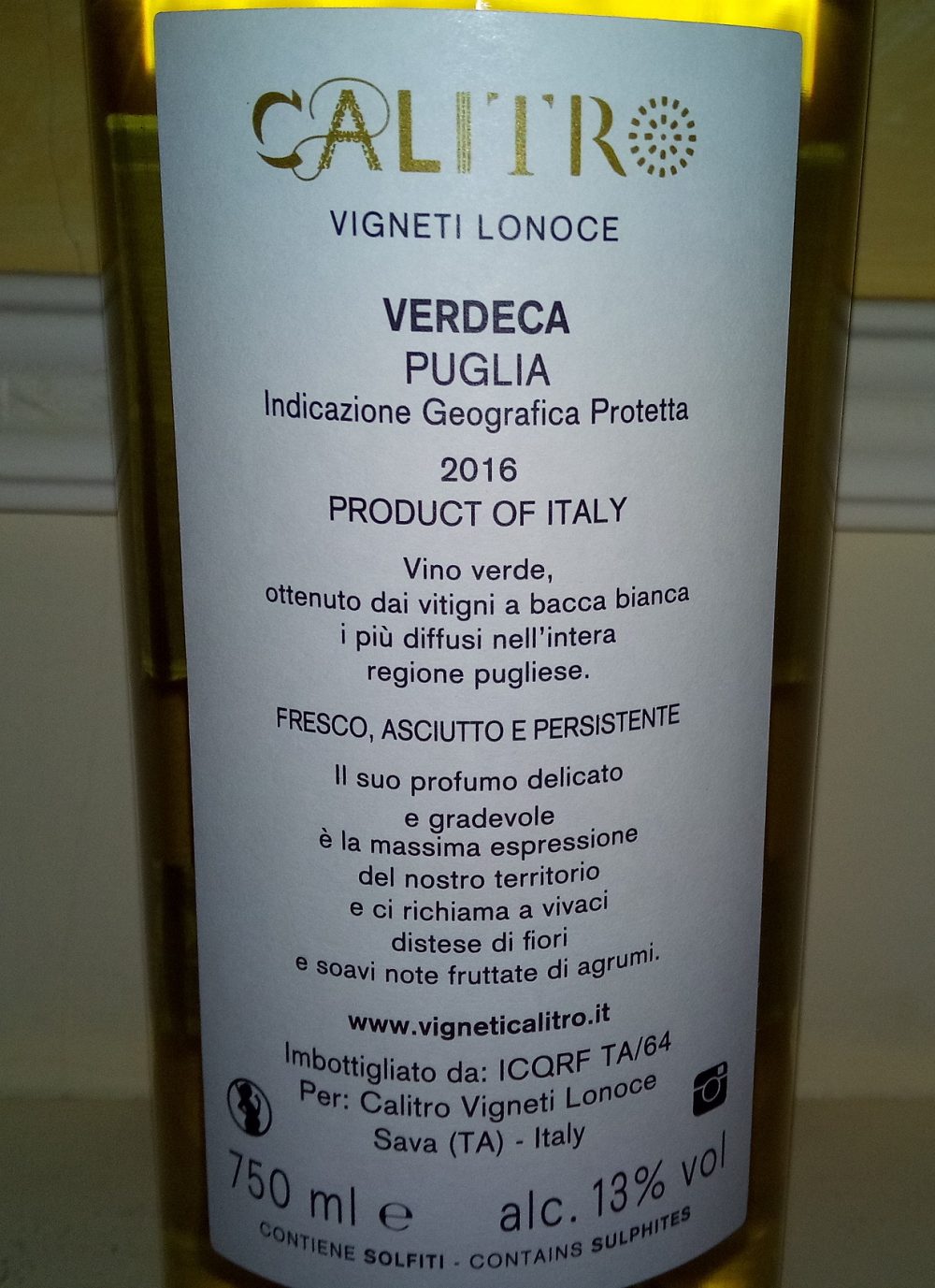 Controetichetta Verdeca Puglia Igp 2016 Vigneti Calitro
