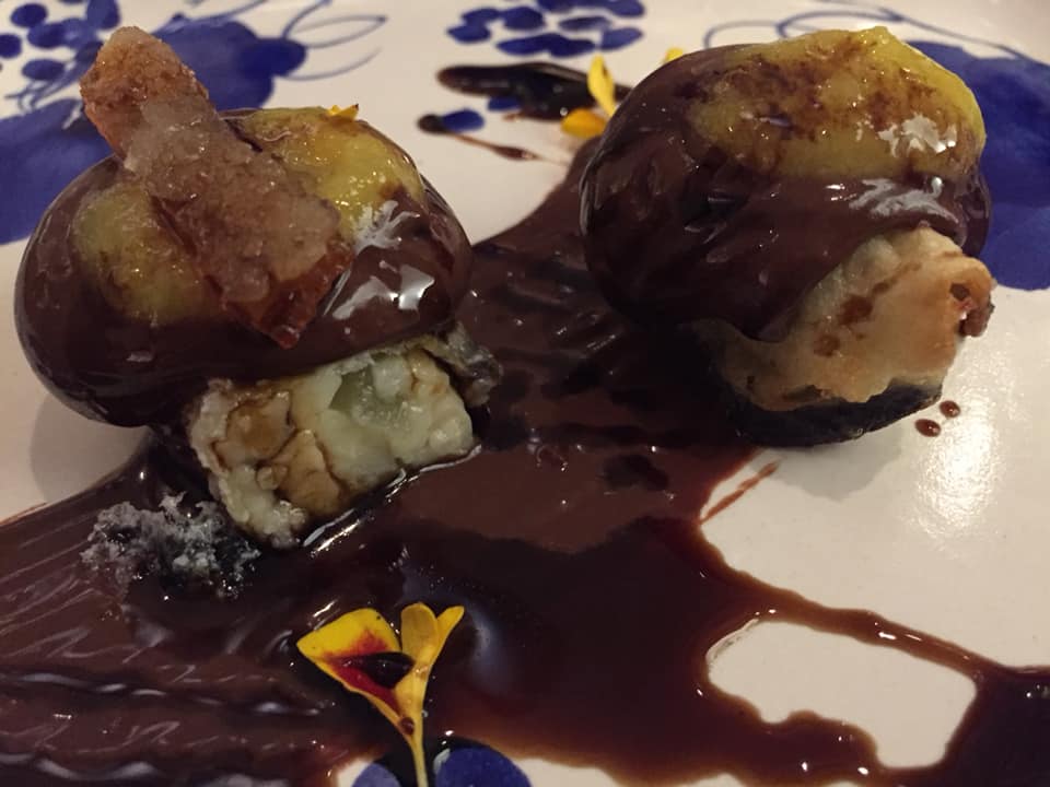 La Caravella, il Menu dei 60 anni,melanzana al cioccolato al cucchiaio