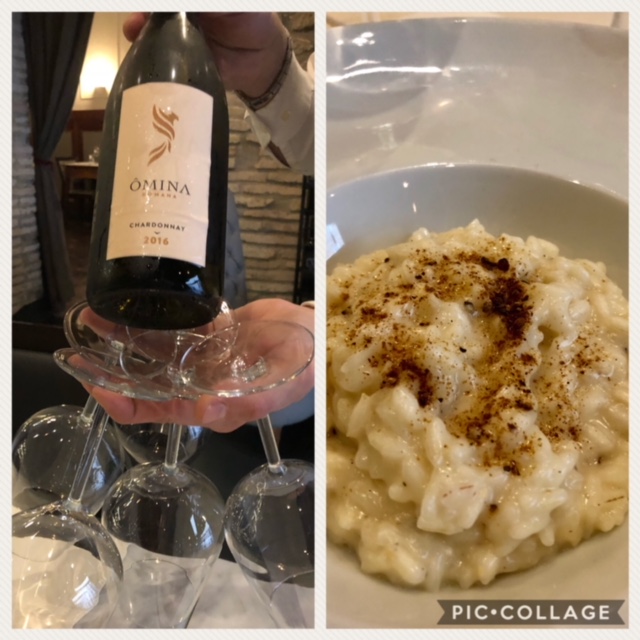 Chardonnay IGP 2016 Omina Romana accostato al Risotto cacio e pepe, vaniglia, scorza di limone e liquirizia