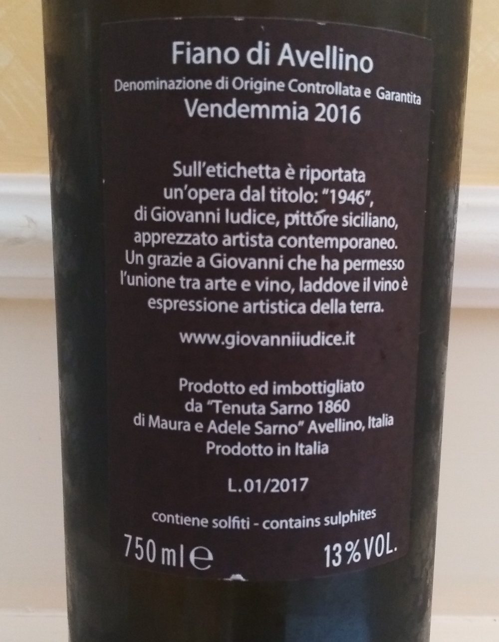 Controetichetta Fiano di Avellino Docg 2016 Tenuta Sarno 1860