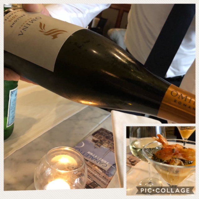 Lo Spumante Brut 2015 di Omina Romana servito con cocktail di scampi e gazpacho