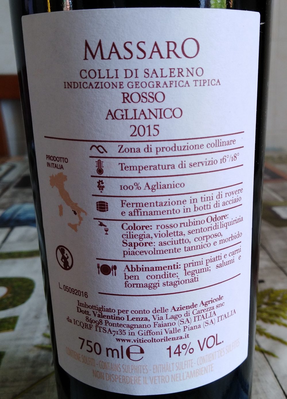 Controetichetta Massaro Rosso Aglianico Colli di Salerno Igt 2015 Lenza