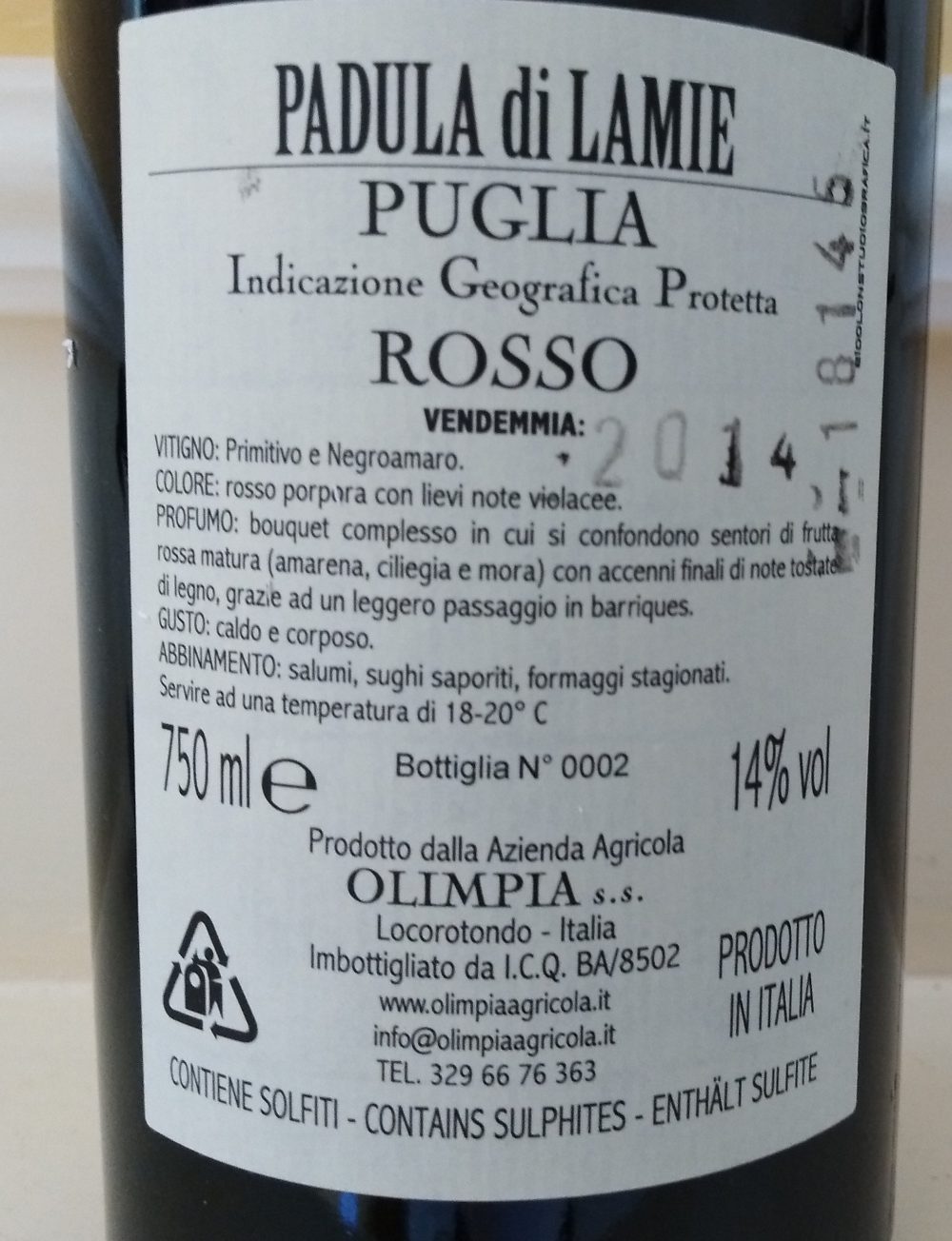 Controetichetta Padula di Lamie Puglia Rosso Igp 2014 Olimpia