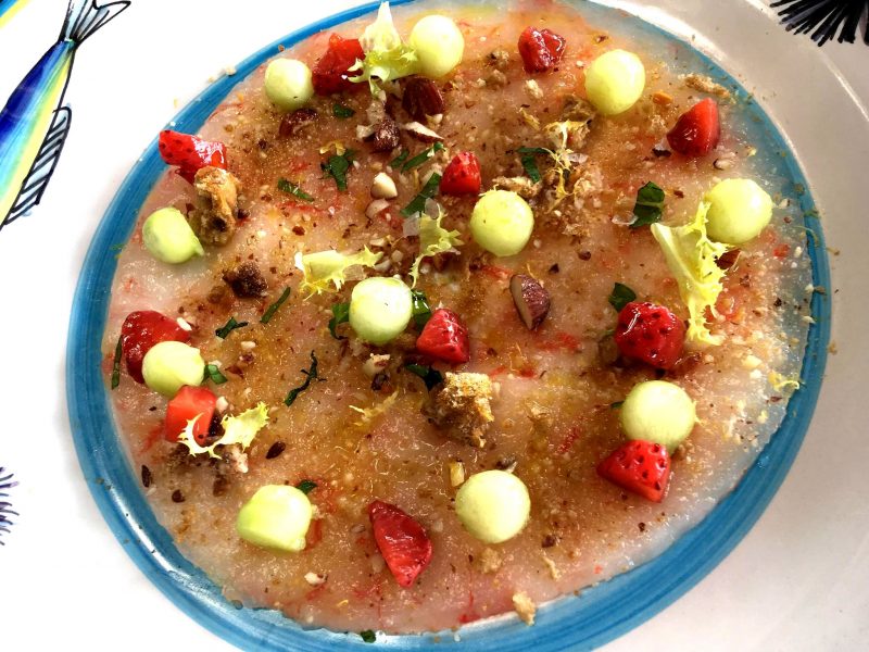 Il Riccio Restaurant - Carpaccio di Gambero Rosso, Tarallo, Fragole, Cetriolo & Foglie di Sedano