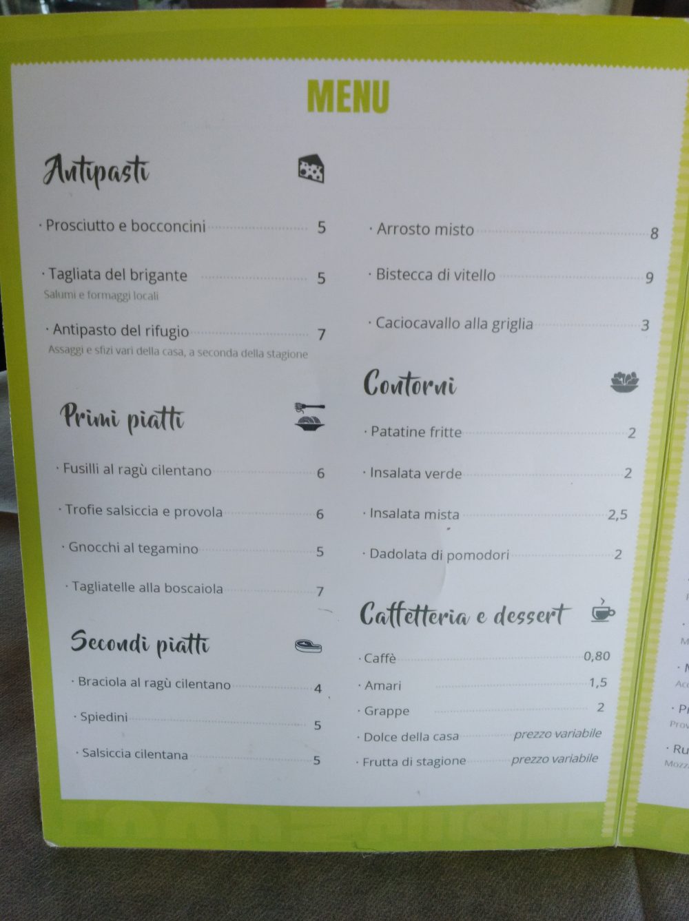 Rifugio Rosolea, Menu'