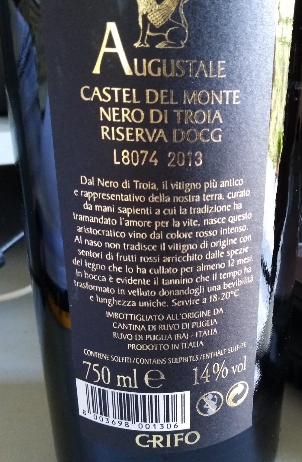 Controetichetta Augustale Castel del Monte Nero di Troia Riserva Docg 2013 Cantina di Ruvo di Puglia