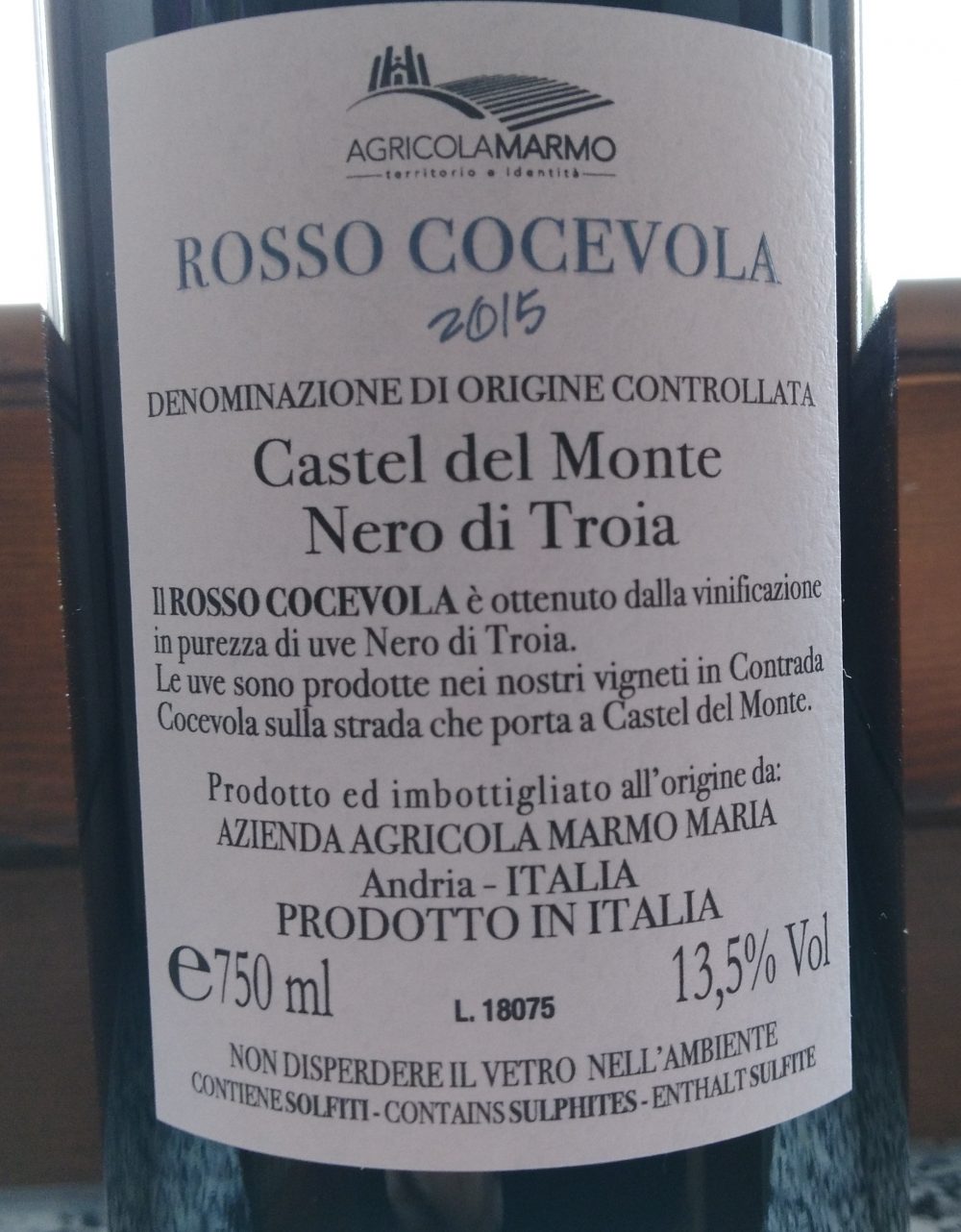 Controetichetta Rosso Cocevola Castel del Monte Nero di Troia Doc 2015 Agricola Marmo