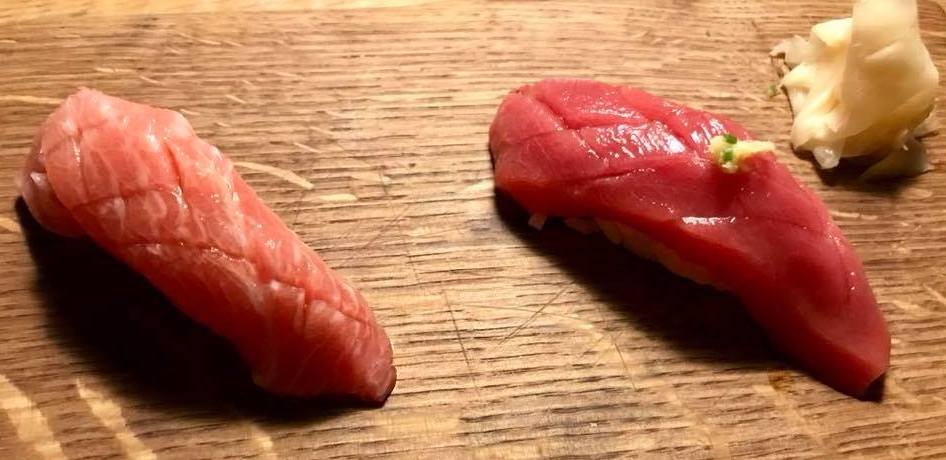 Roji a Nola. Nigiri di ventresca di tonno e di alici affumicate , burro e zenzero